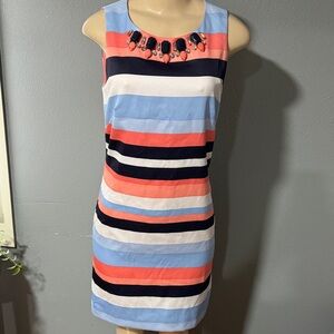 Vince Camuto Coral, Light Blue, Navy & White Striped Jewel-Neck Mini Dress